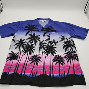 Windswept Bahamas Mens Large Cotton Tropical Sunset Palm Tree Button Up Shirt